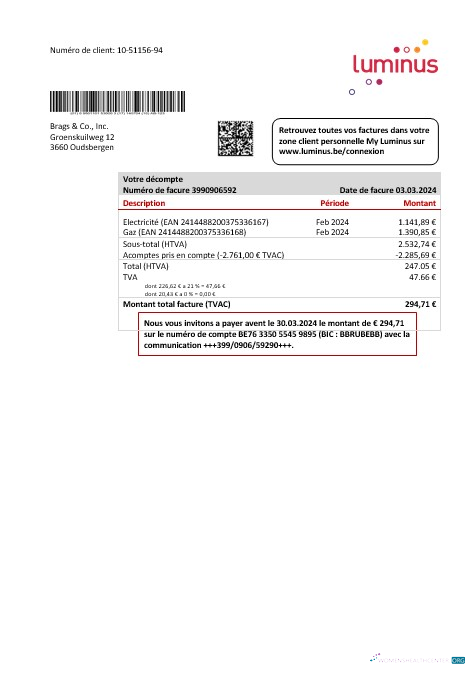 Download Belgium Luminus business utility bill template in Word and PDF format Photoshop template